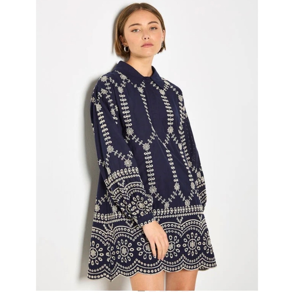 Apricot Navy Embroidered Cotton Dress Broderie Anglaise Coastal Cottagecore NWT